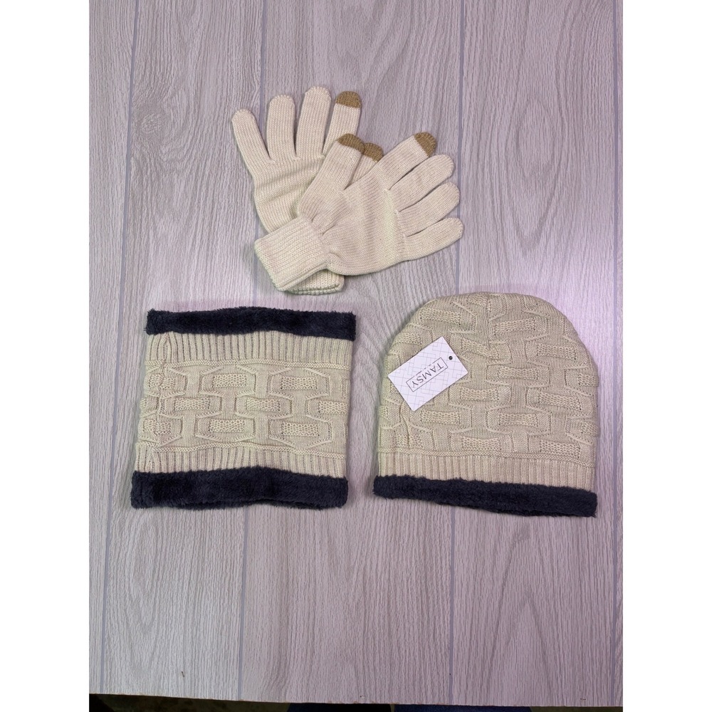 TAMSY‎ Cream Navy Knit Winter Set Beanie Neck Warmer Touchscreen Gloves 8221020